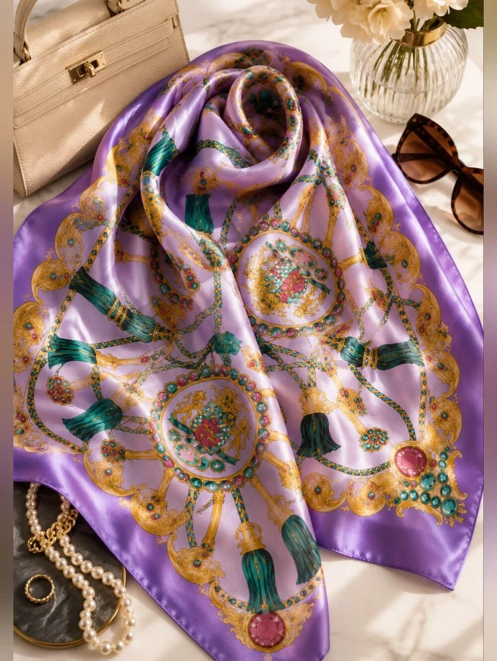 Vintage Style Heraldic Satin Square Scarf 36